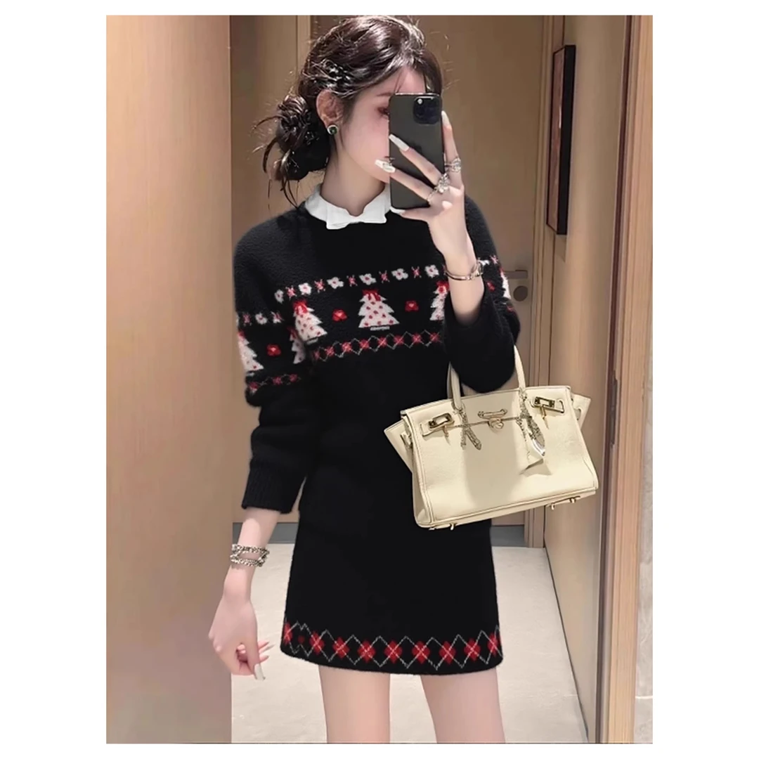 韩系甜美黑色印花毛衣女秋冬季新款打底针织衫上衣高腰短裙两件套
