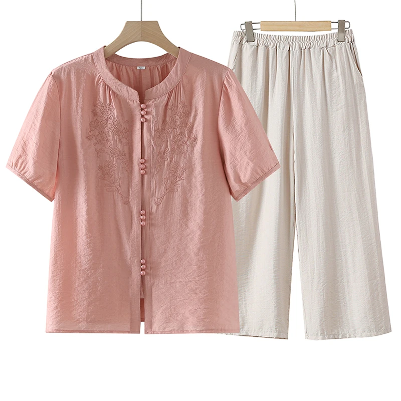 套装女夏季新款中年妈妈装刺绣衬衣裤子女33080