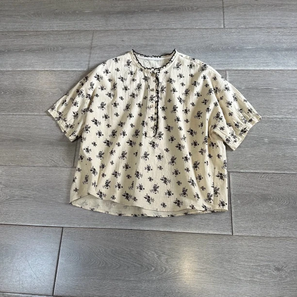 ALJ423夏季复古印花宽松绵短袖衬衫立领木耳边