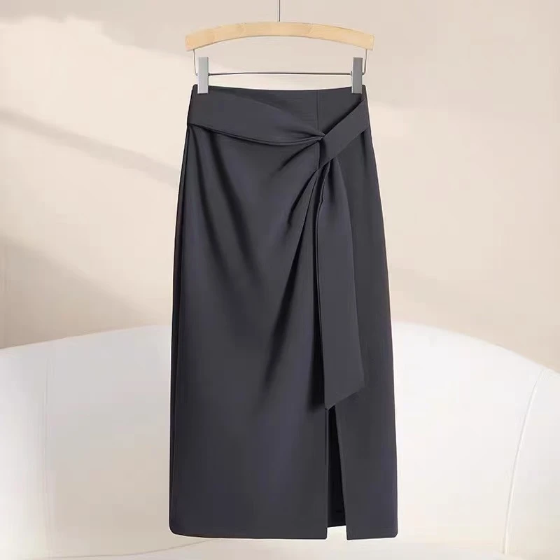 高腰绑带开叉半身裙高品质西装中长裙