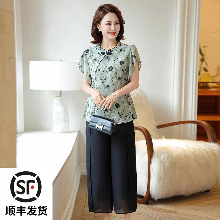 2025夏季新款妈妈装圆领印花衬衫大码百搭显瘦减龄短袖上衣女套装