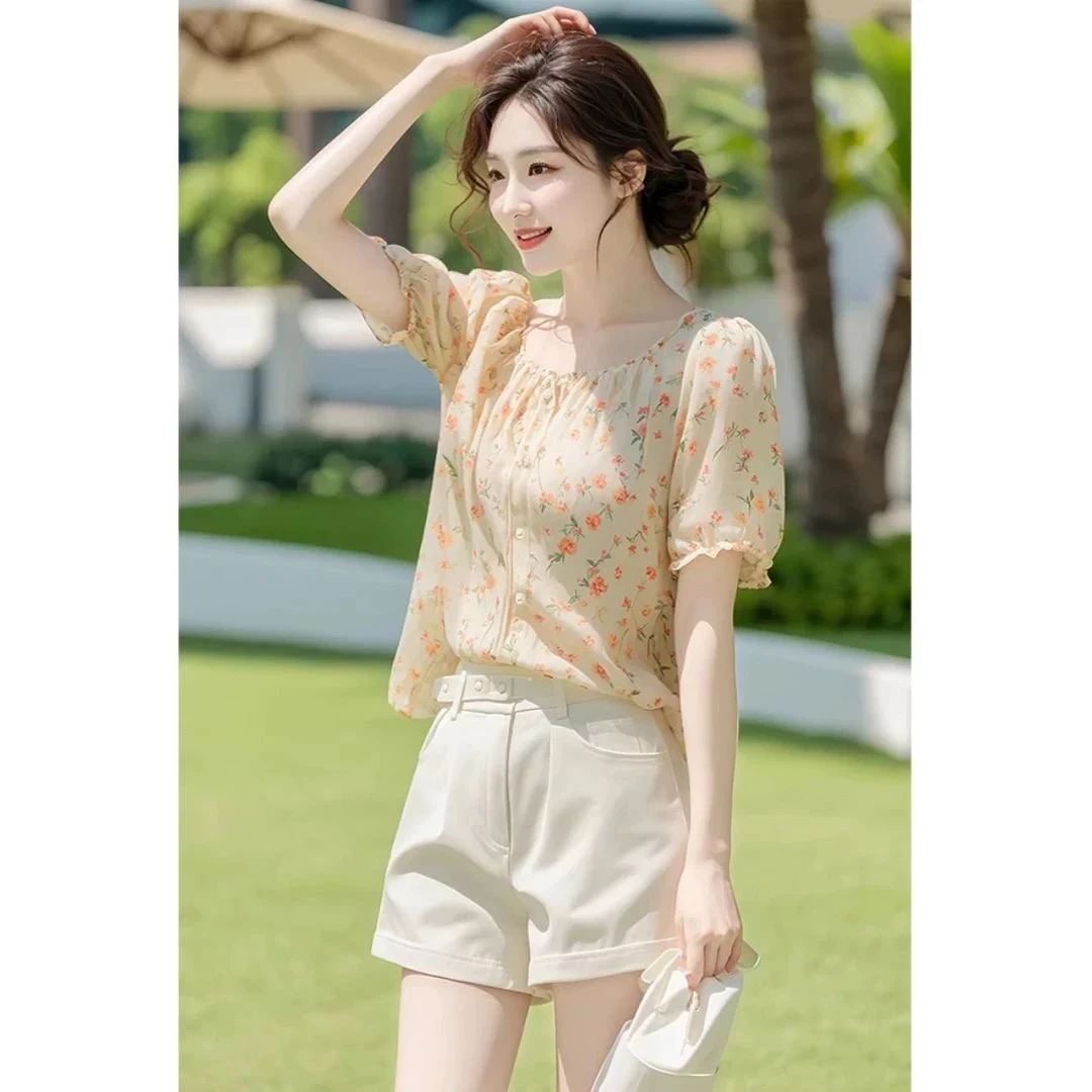 2025新款轻奢高级感法式小衫衬衣气质上衣雪纺碎花短袖衬衫女夏季