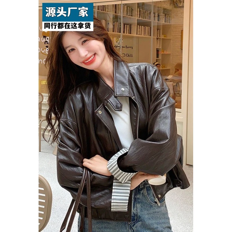 梵乐芬复古休闲短款皮衣外套高级感PU春秋新款宽松百搭翻领女装夹
