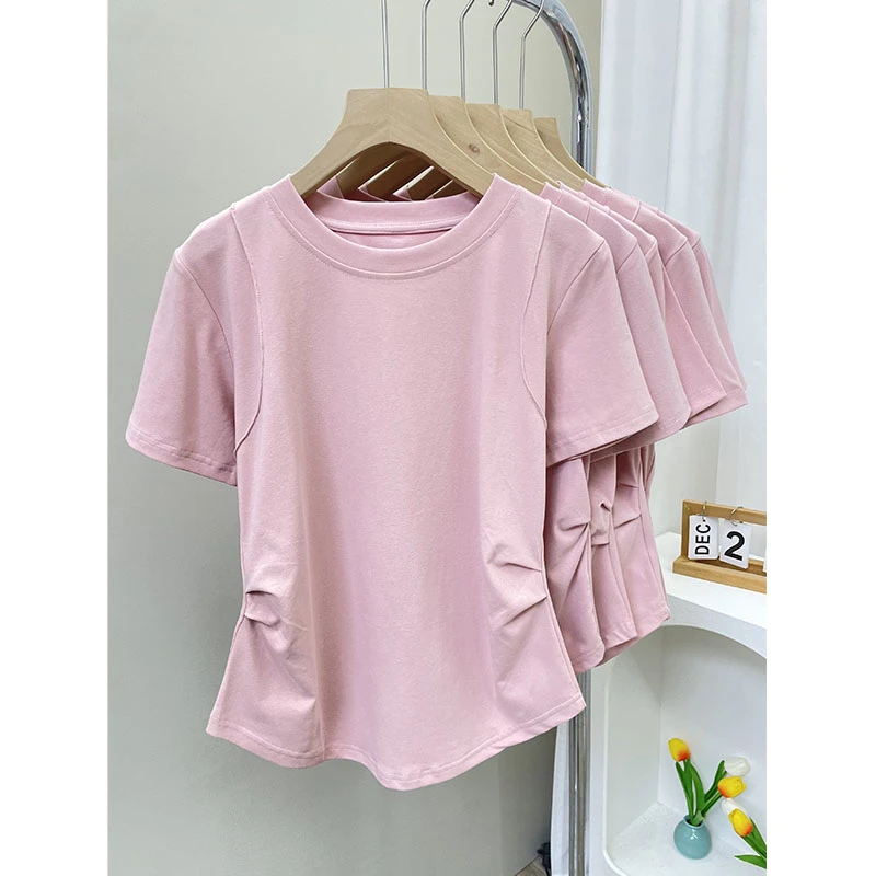 大码200斤时尚小众圆领正肩纯色减龄短袖t恤女百搭显瘦上衣ins潮