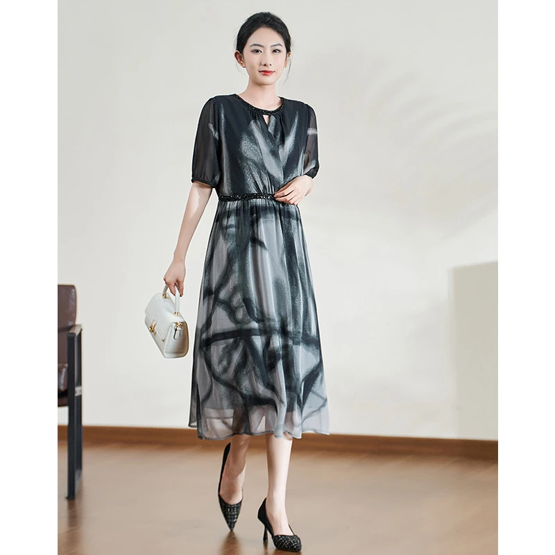 2025夏季新款水墨黑圆领扎染高级感短袖女连衣裙#XLQ18142