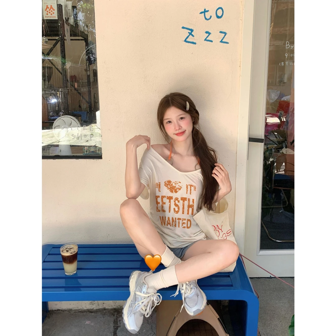 WRXS 多巴胺穿搭斜肩t恤女夏季短袖宽松显瘦带胸垫吊带两件套上衣