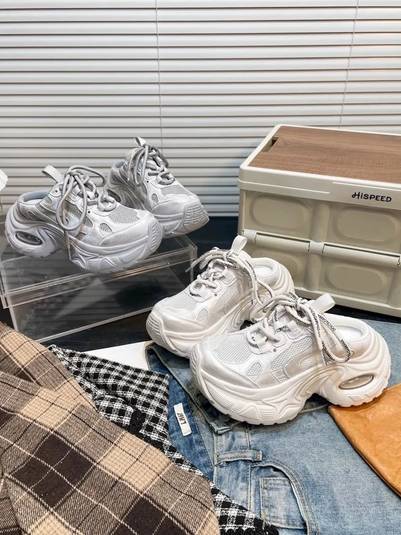 欧货真皮系带网面厚底老爹鞋女包头半拖鞋2025新款增高休闲运动鞋