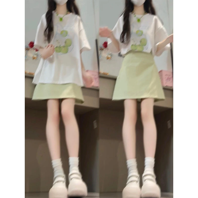 韩系穿搭2025夏季新款百搭宽松印花短袖T恤显瘦高腰短裙两件套女