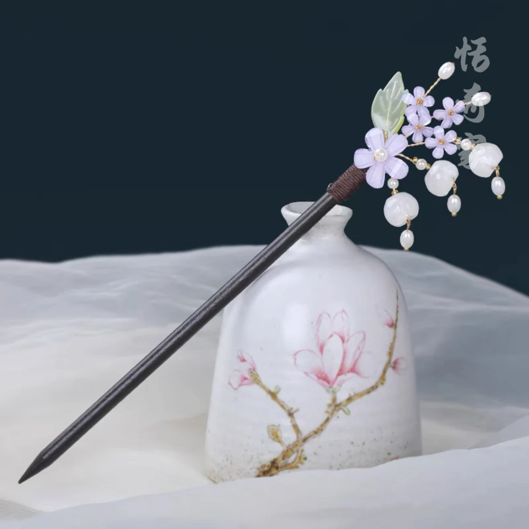 恬奇家z0997“紫花铃兰”紫荆花木质发簪简约日常百搭古典手工