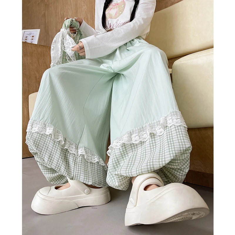 绿色花苞裙裤女夏季小众蕾丝花边灯笼裤小个子高腰裤子格子阔腿裤