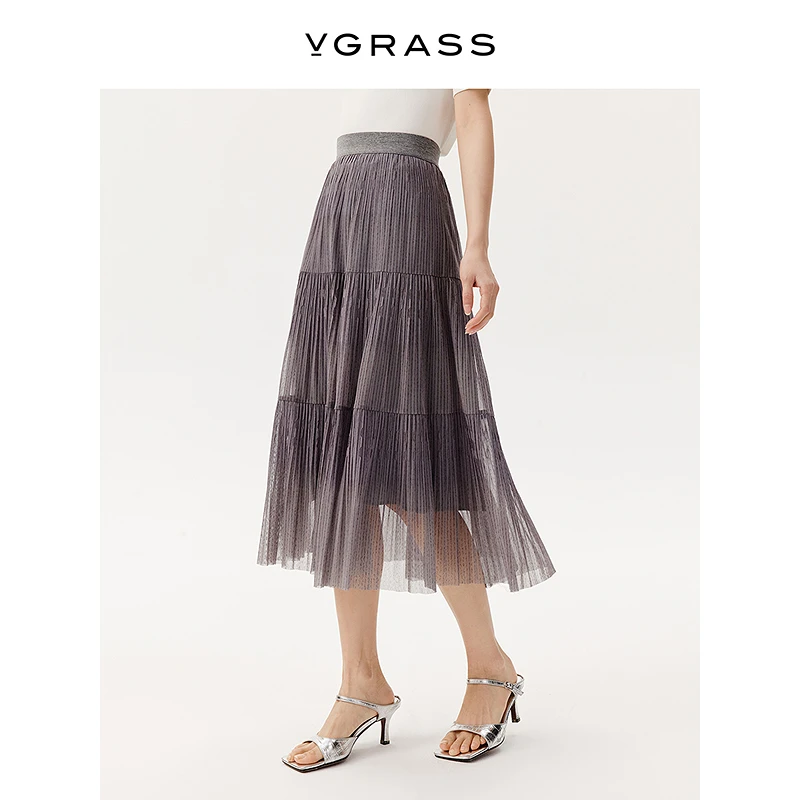 【晨粉专享】VGRASS立体牙签褶经典A摆半身裙25夏季新款VSB2Q2400D
