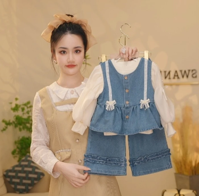 【Y.a8445】25春季新款女童牛仔风马甲气质打底阔腿长裤休闲套装