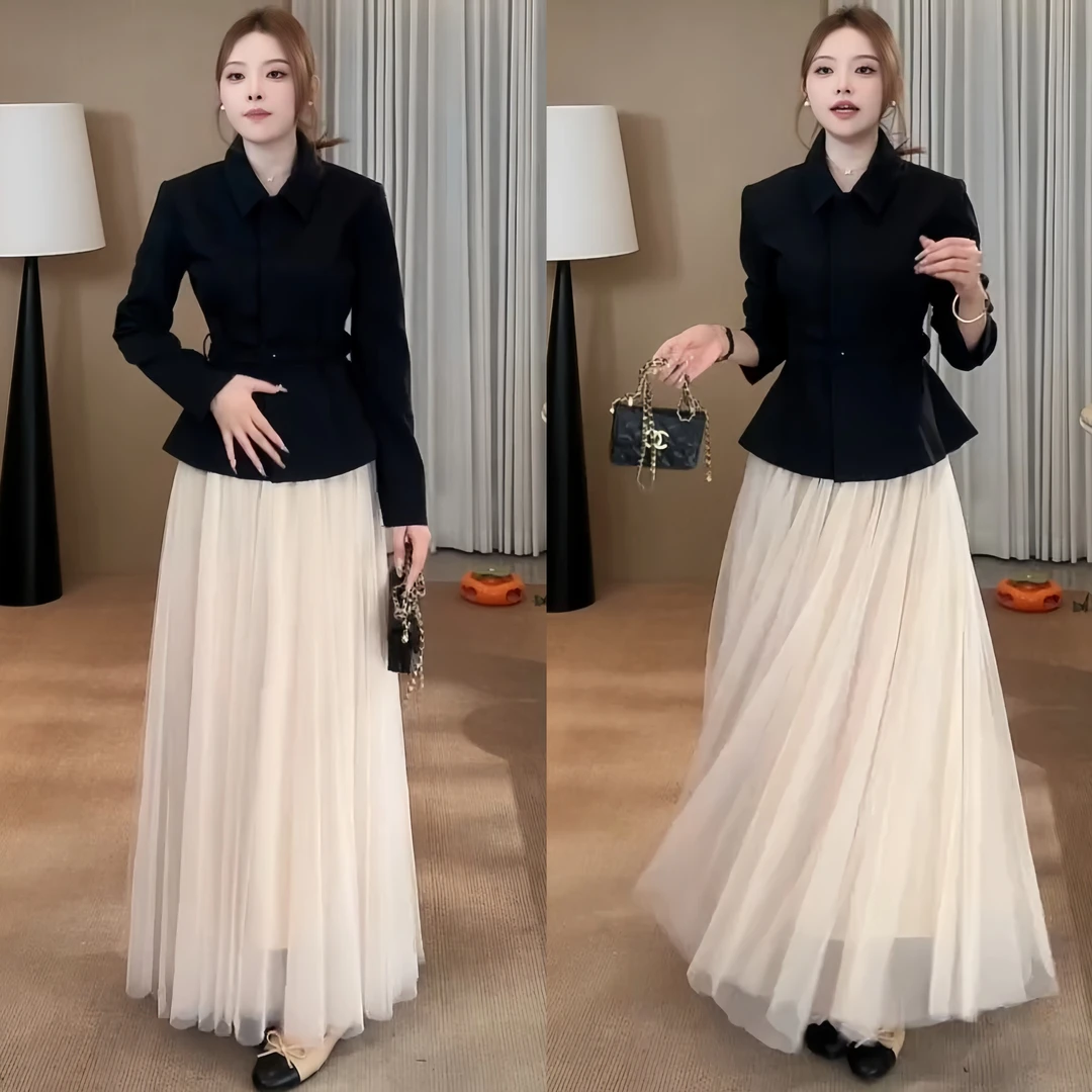 2025秋冬新款韩系高级感气质显瘦西装外套温柔网纱百褶半身裙套装