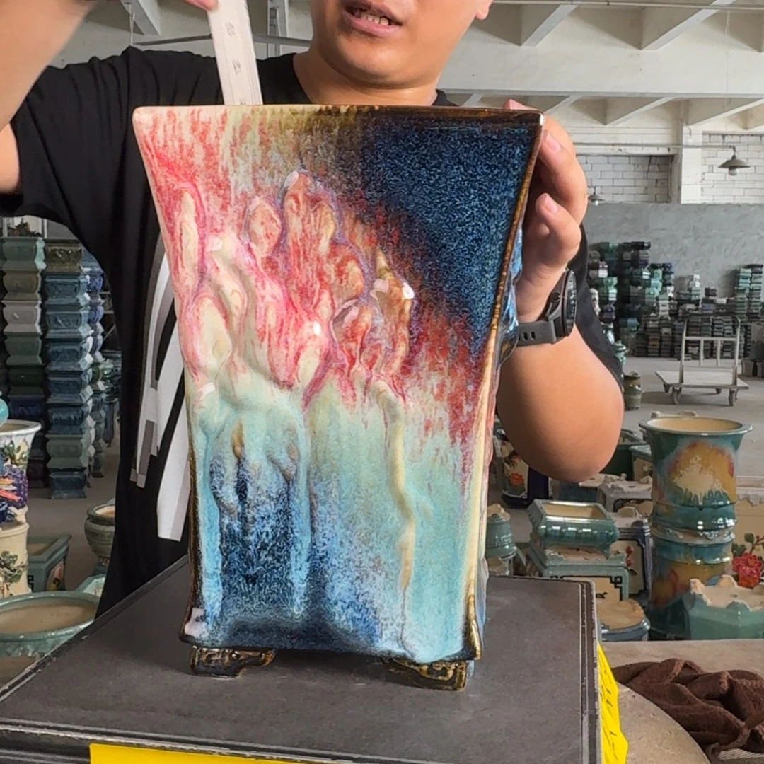 。一风堂石湾花盆 开片 修胚痕迹 内15*26