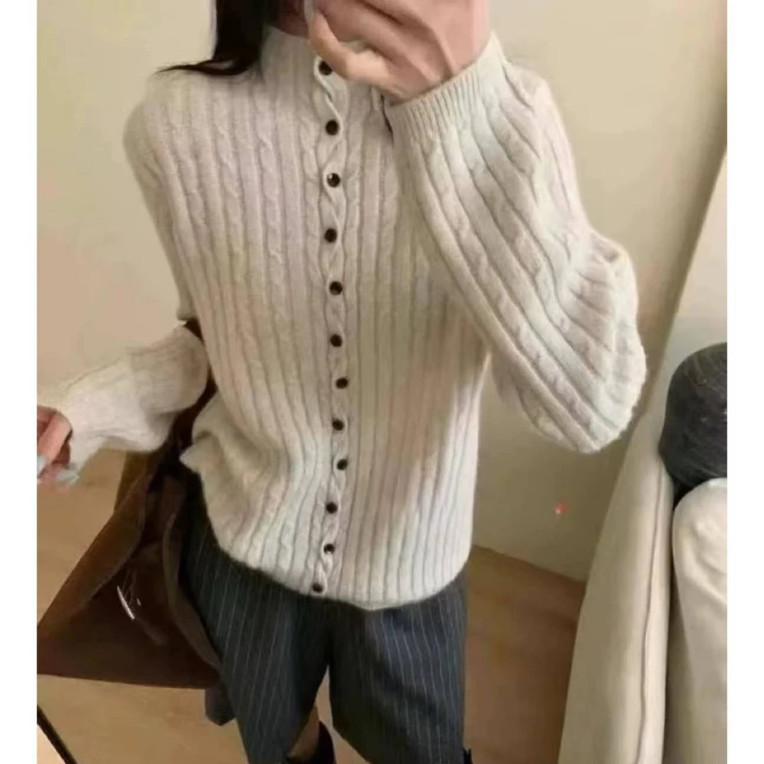 【半高领竖条麻花】交叉扣设计感气质小众麻花半高领针织开衫1100