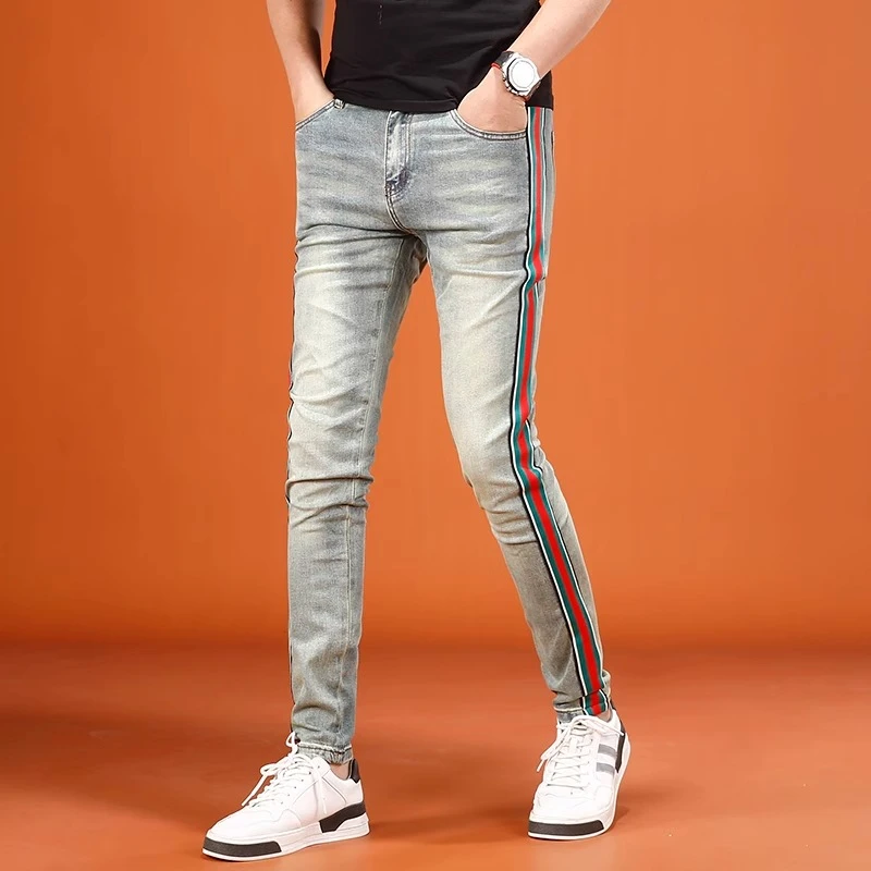 GS夏季薄款裤子男潮牌时尚个性拼接编织弹力男牛仔裤修身小脚长裤