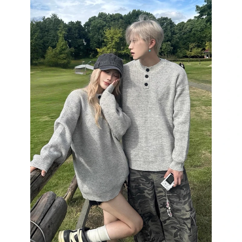 灰色美式亨利领打底毛衣男秋宽松慵懒风针织衫hiphop情侣内搭上衣