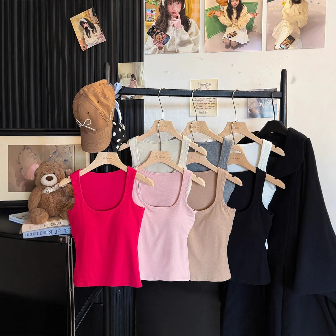 纯欲风性感辣妹磨毛无袖背心女秋冬内搭带胸垫简约百搭打底上衣潮