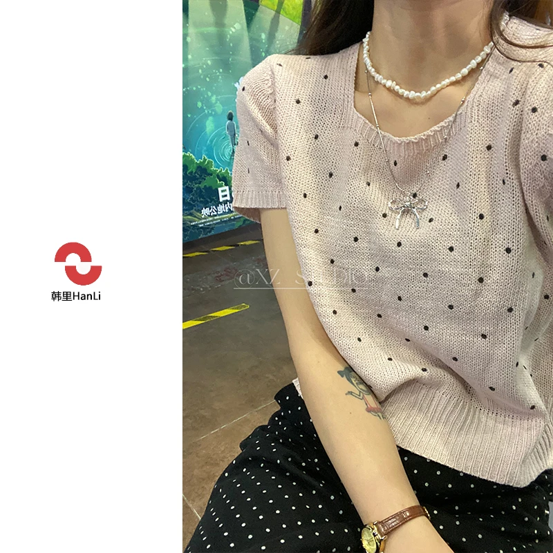 短袖印花波点女方领夏季毛针织衫洋气打底蕾丝运动风