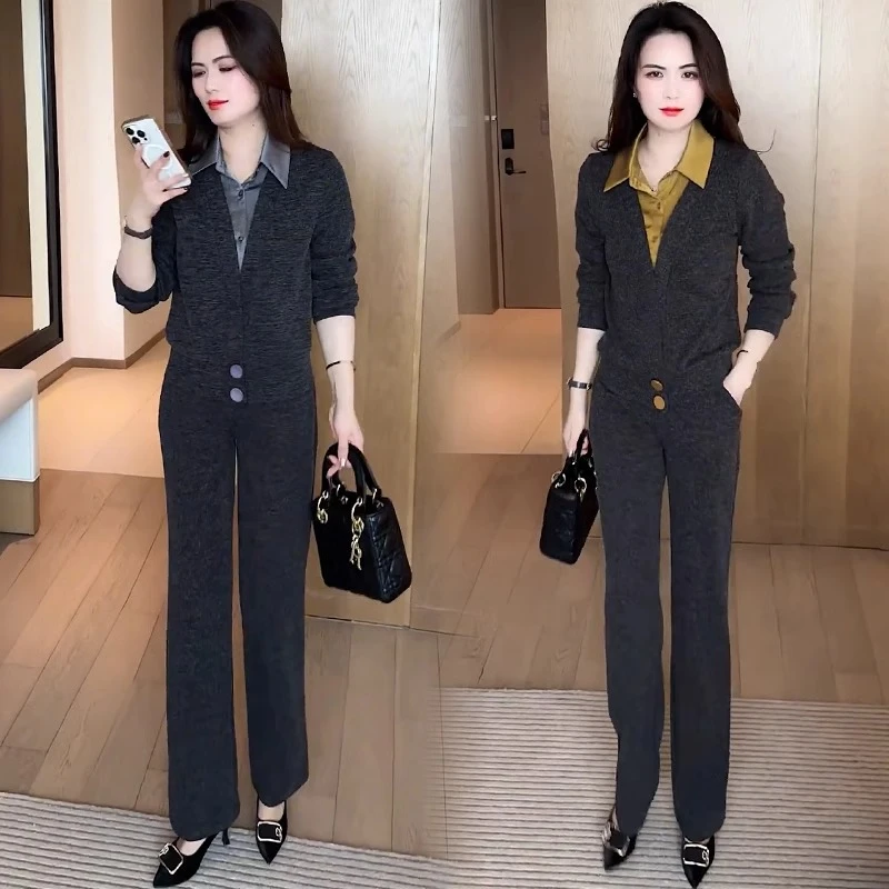 时尚套装女2025春季洋气显瘦拼接假两件长袖上衣阔腿裤两件套潮