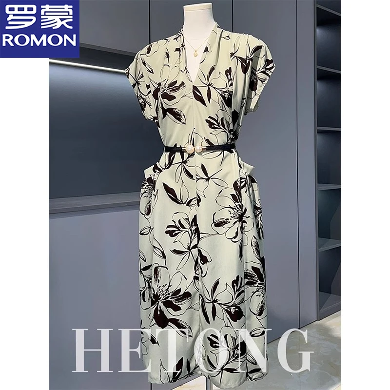 罗蒙妈妈夏装时尚短袖连衣裙中老年女夏季中长款收腰雪纺裙子