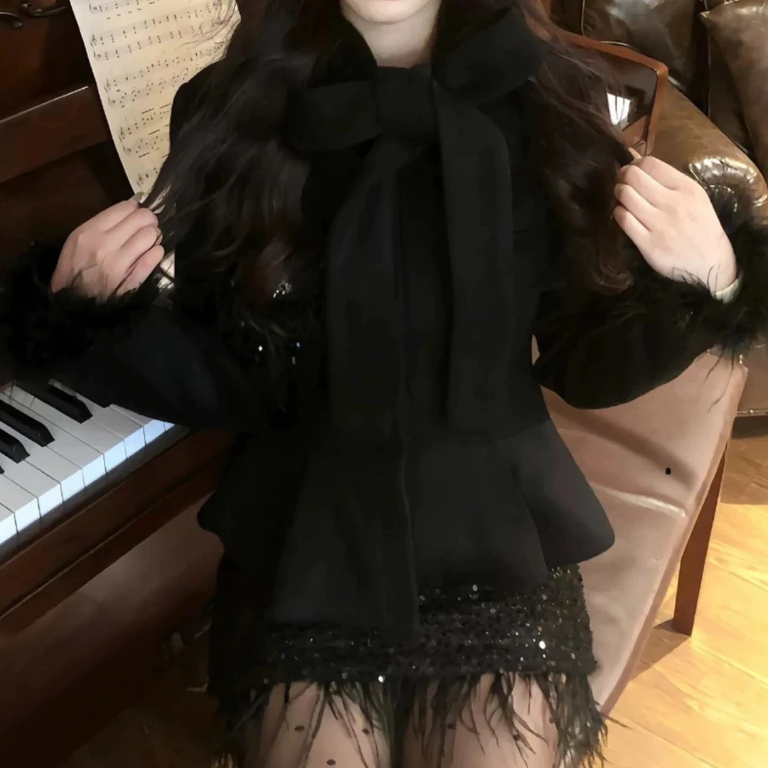 秋冬黑色小香风毛毛拼接收腰显瘦外套半身裙套装