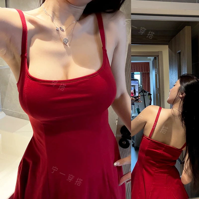 NY7057 收腰吊带裙夏季紧身背心裙修身高腰a字裙宁一带胸垫连衣裙
