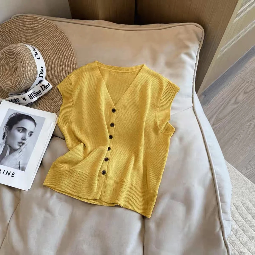 纯色V领飞飞袖针织开衫女夏季2025年新款欧货时尚气质显瘦上衣潮