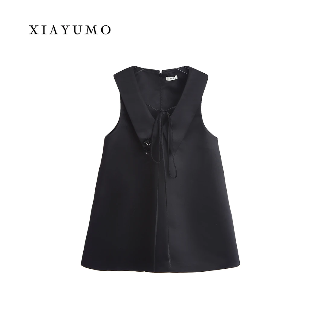 夏羽墨女童早春新款澜夜黑V领净面无袖连衣裙高级轻奢系带公主裙