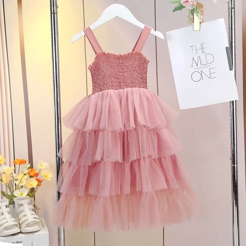 粉色网纱吊带蛋糕裙2025夏新娘童装 女童时尚仙女裙韩版超仙礼服