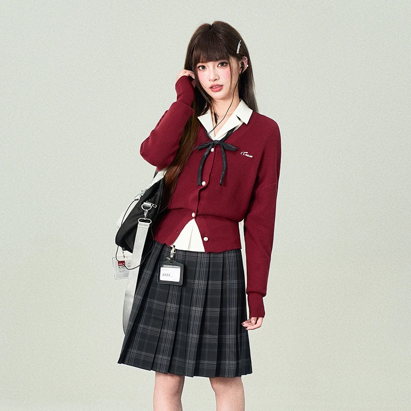花铃太太jk学院风学姐开衫女款新品酒红色校供感收腰日系短款外套