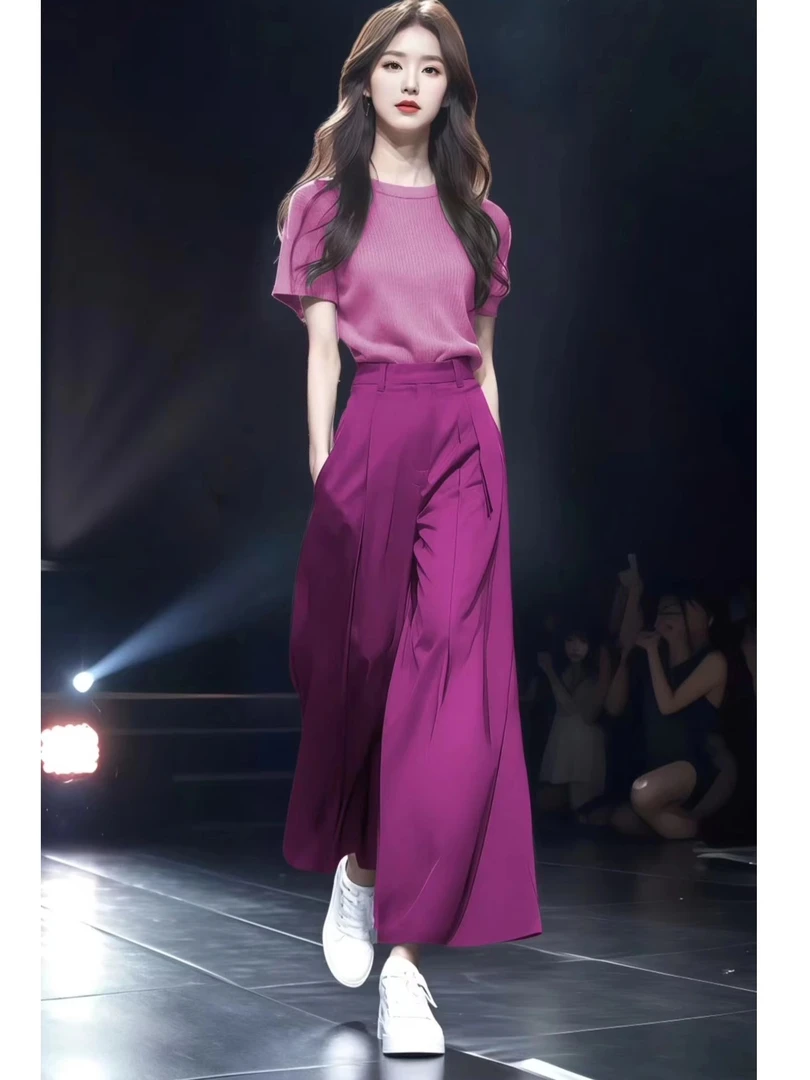 短袖针织衫搭阔腿裤2025新款大方得体巨好看的穿搭一整两件套