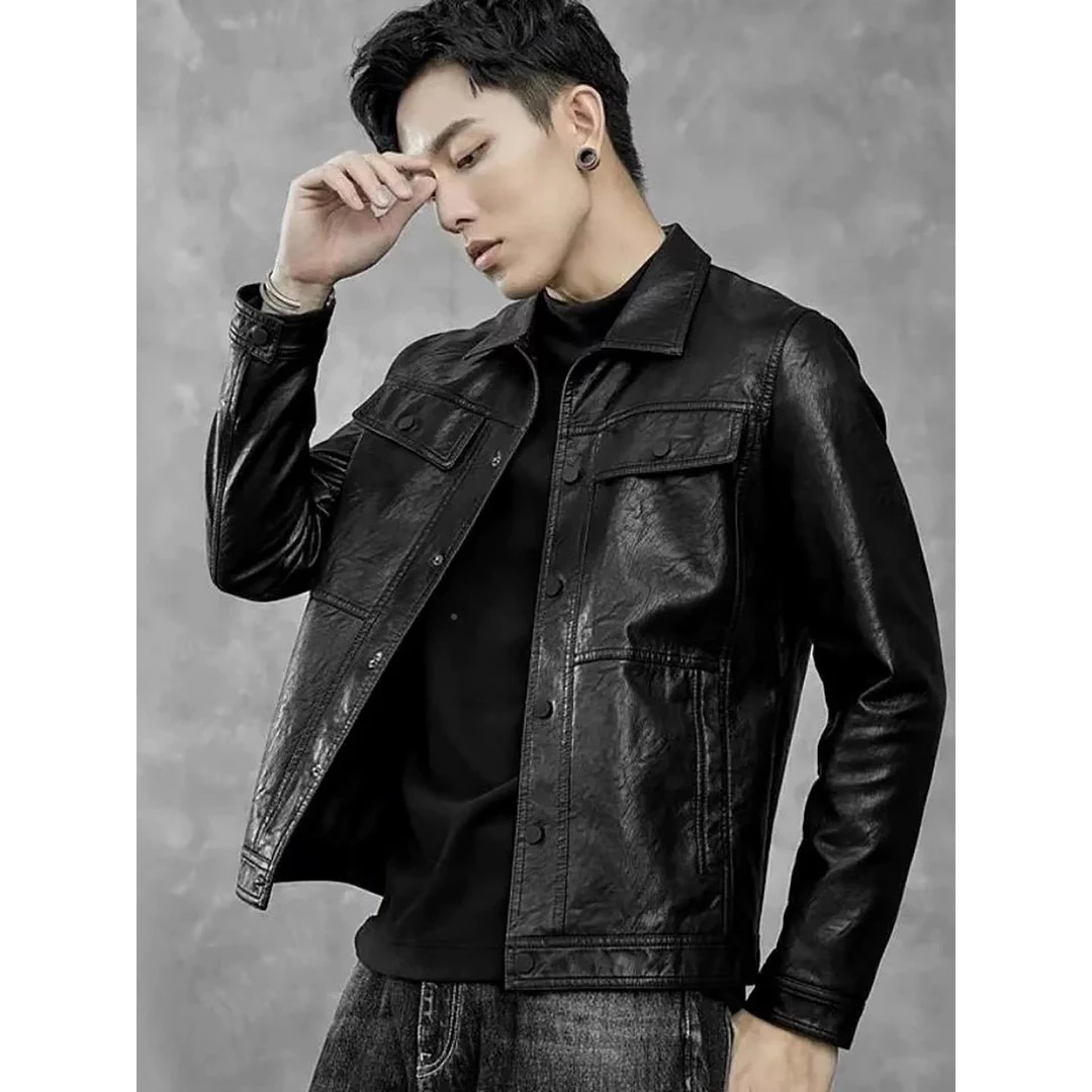 【万达撤柜】高级感痞帅复古机车风皮衣男士春秋季潮流短款修身翻领