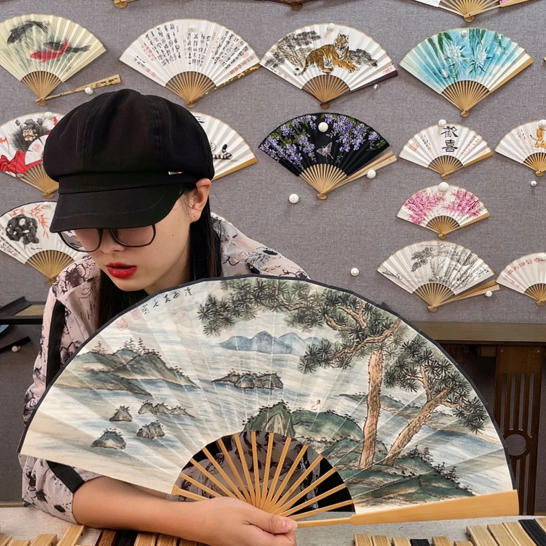 国画10寸玉竹-纯手绘-文玩扇骨（默认粘好）