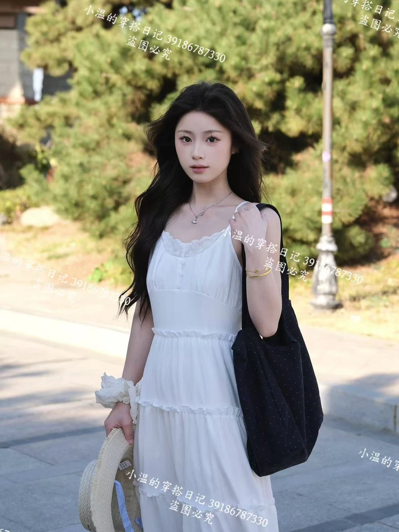 2025新款小个子温柔风法式白色吊带连衣裙子夏季女装韩系仙女长裙