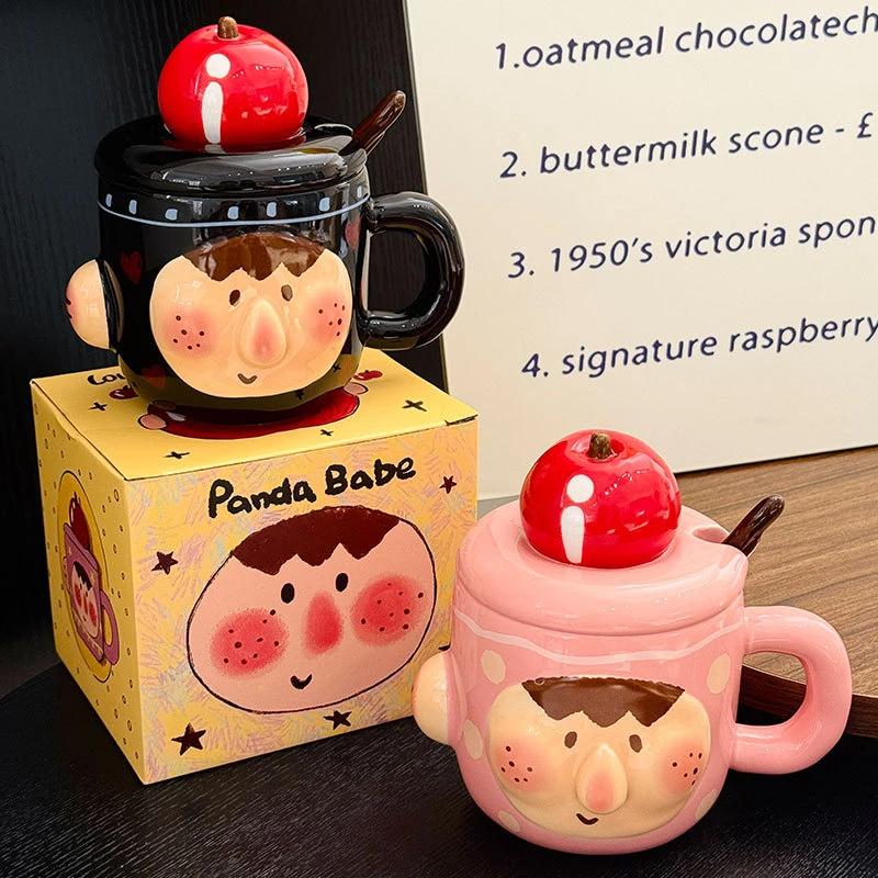 可爱卡通苹果儿童马克杯带盖勺家用陶瓷早餐杯创意个性水杯伴手礼