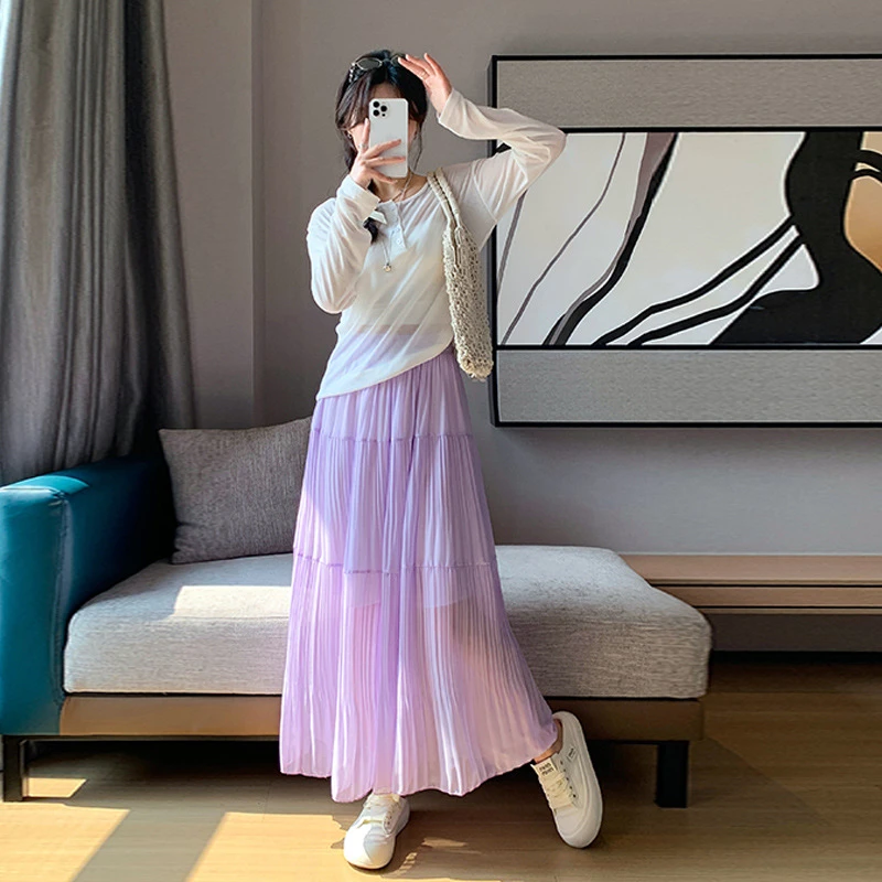 紫色压褶中长款半身裙女2025年春夏季新款大摆a字宽松垂感裙子
