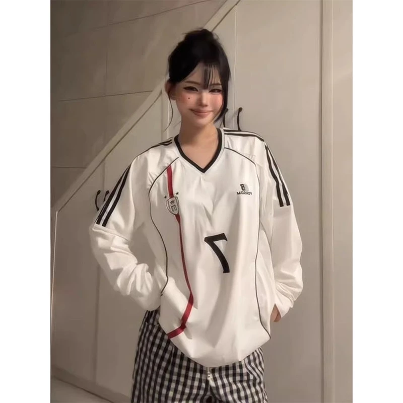 美式运动t恤女早春织带撞色拼接长袖oversize宽松休闲情侣v领上衣