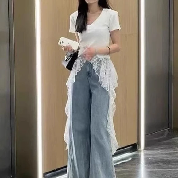 2025夏季新款腰蕾丝瘦超百好看上衣大码气质拼接超搭修身显恤掐t