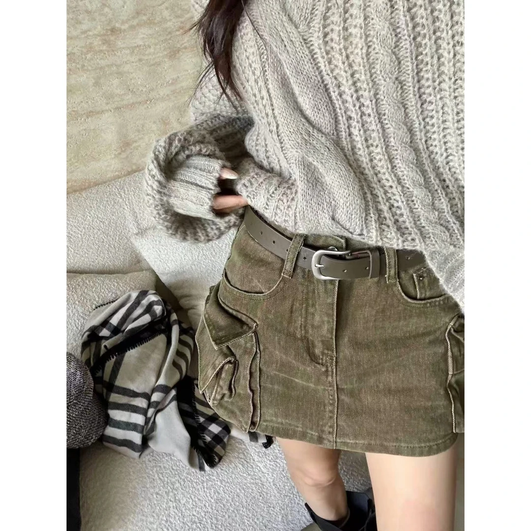 SP 美式军绿高腰A字工装短裙女辣妹显瘦包臀牛仔半身裙半裙配皮带