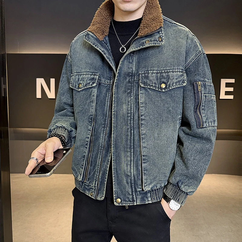 美式宽松牛仔外套男复古加绒短款羊羔毛领上衣服男装冬季保暖夹克