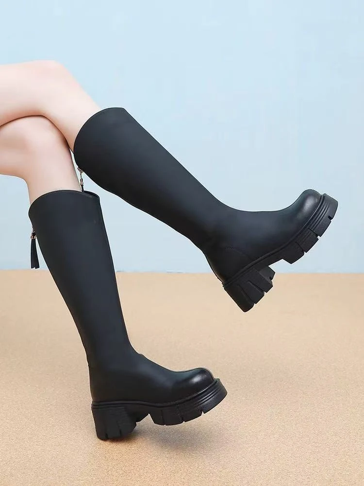 WS886-1秋冬新款后拉链长筒靴时尚舒适粗跟女靴潮流百搭骑士靴