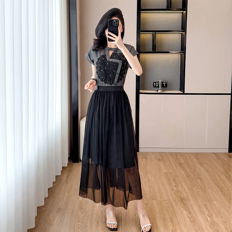 高级感轻奢短袖网纱两件套连衣裙女2025夏季新款时尚气质显瘦裙子