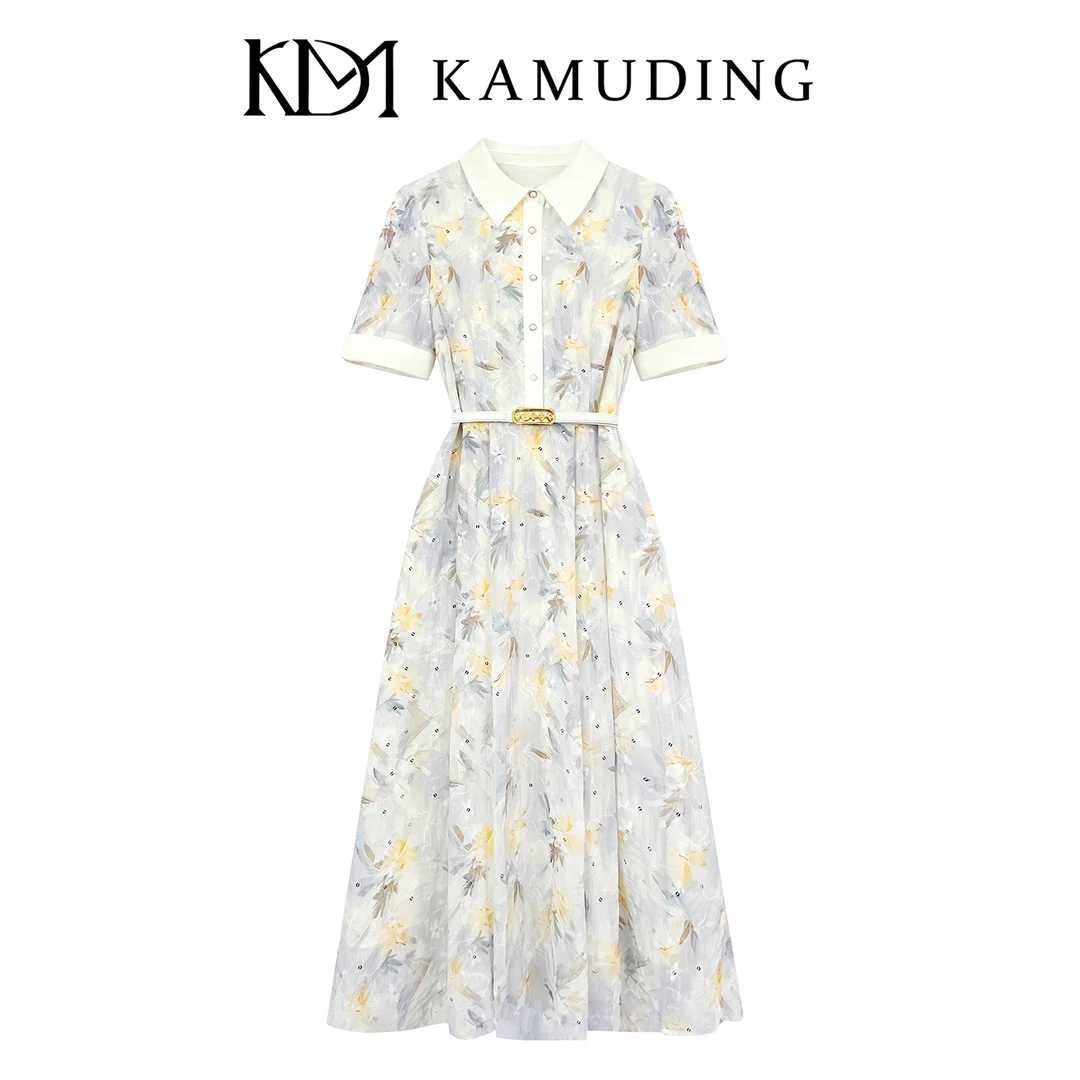 【AQ】KAMUDING2025新款法式气质翻领短袖碎花收腰显瘦连衣裙8813