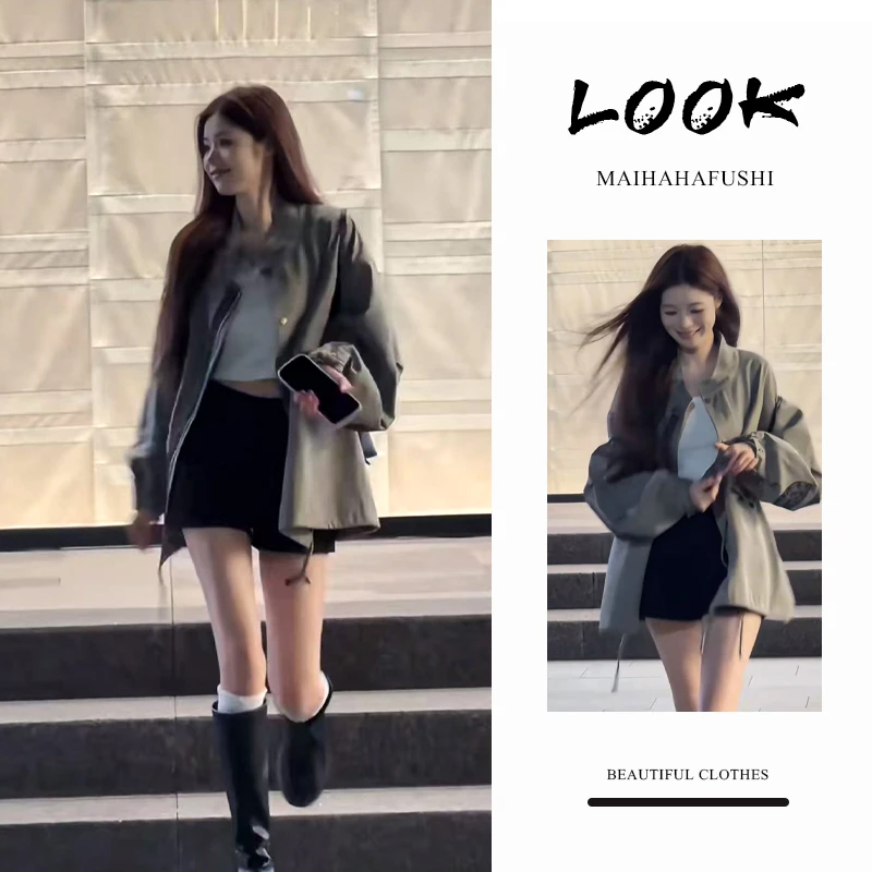 秋季温柔系穿搭女2025新款韩版工装夹克外套吊带背心短裤三件套