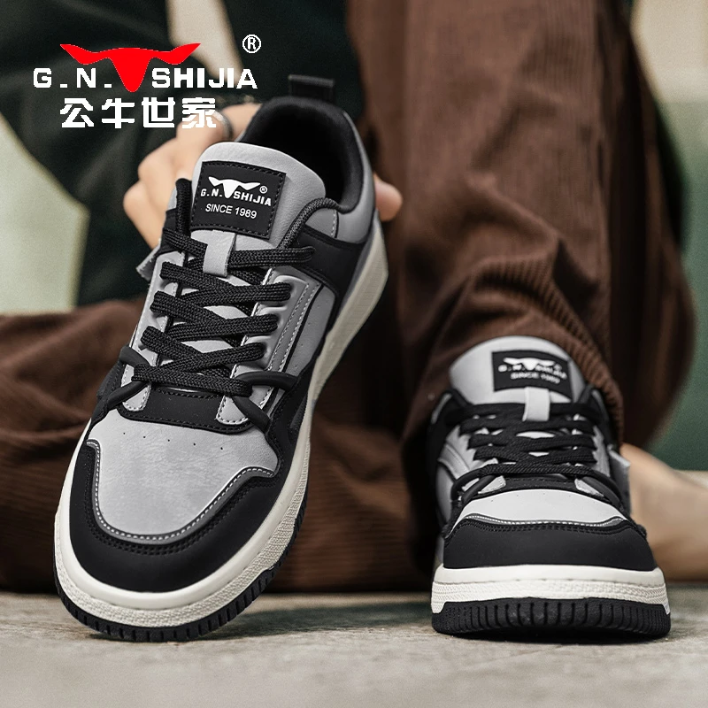 公牛世家男鞋春秋2025新款百搭厚底运动板鞋男款透气休闲德训鞋男