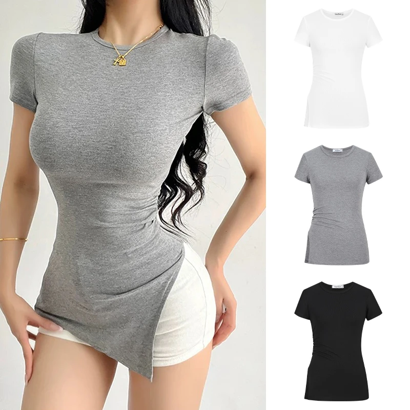 MosesQueen/魔西女王 不规则开叉短袖圆领T恤时尚性感夏季休闲风