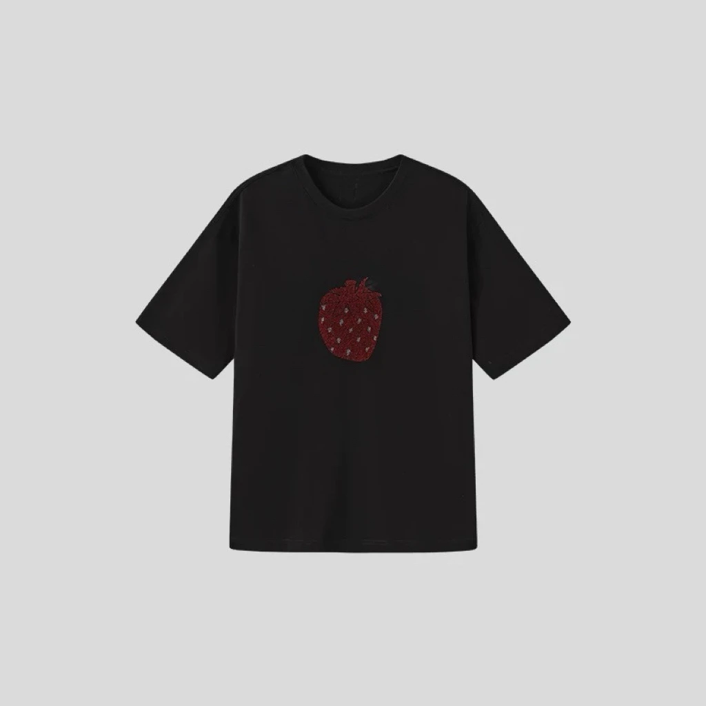 现货烫钻草莓男女同款25新款短袖T恤圆领简约宽松半袖上衣
