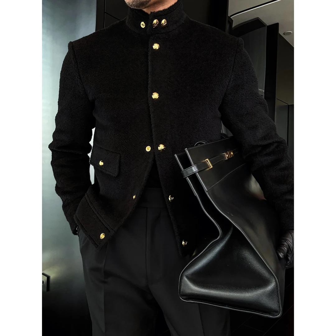 DRUNKCORNER DC金扣设计师短款夹克羊驼毛外套男士男装