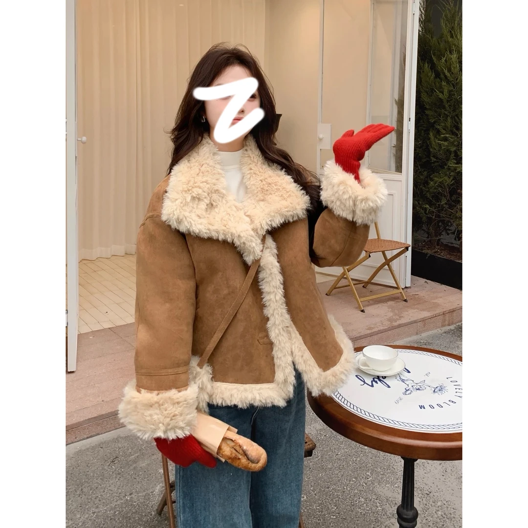 Y18022-复古氛围感带包翻领毛毛外套女装冬季百搭保暖上衣